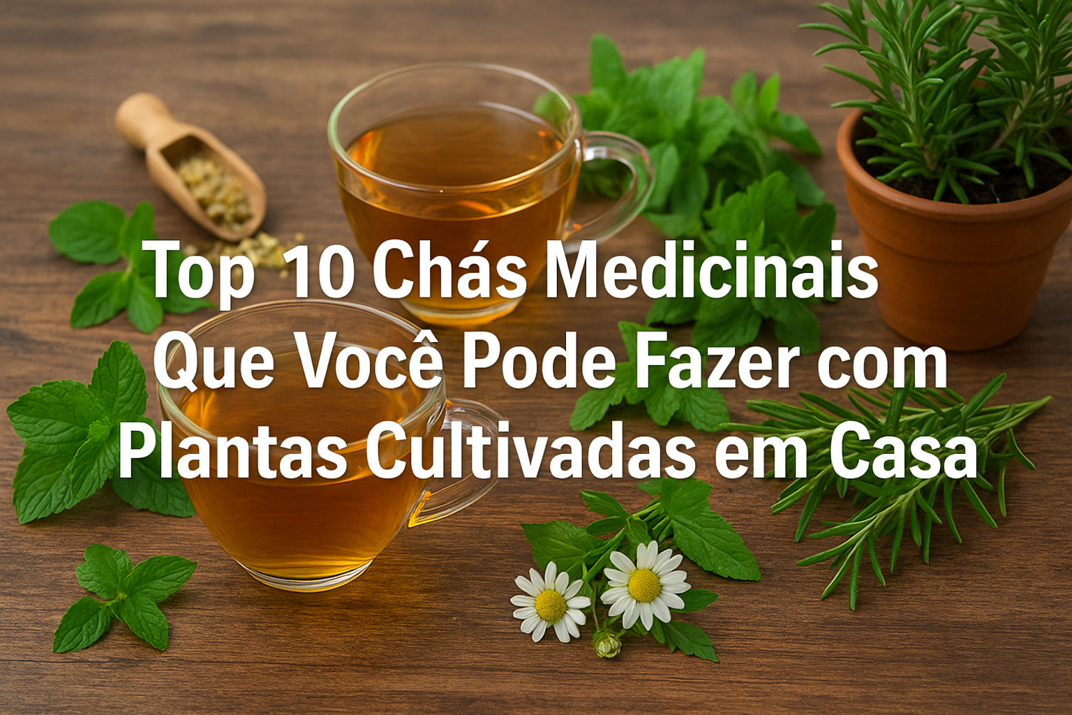 Duas xícaras de chá de ervas frescas ao lado de folhas de hortelã, camomila e alecrim, representando os Chás Medicinais Que Você Pode Fazer com Plantas Cultivadas em Casa.