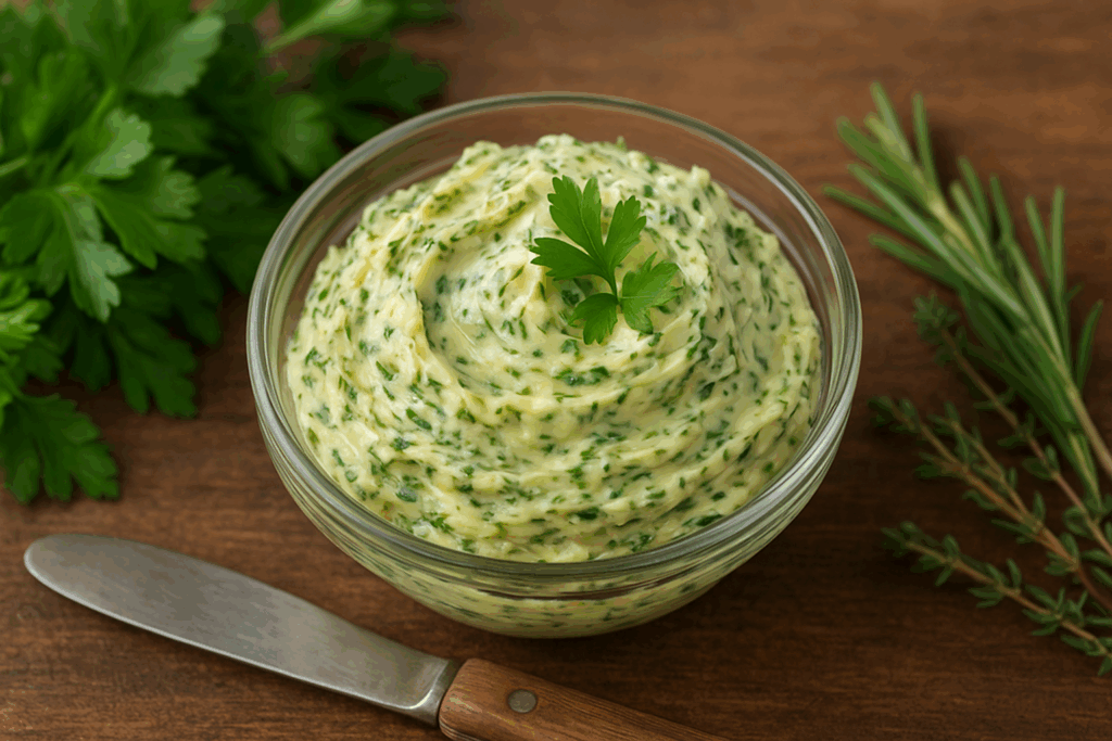 A segunda receita do Top 5 Receitas com Ervas de Horta em Apartamento é de Manteiga aromatizada com ervas