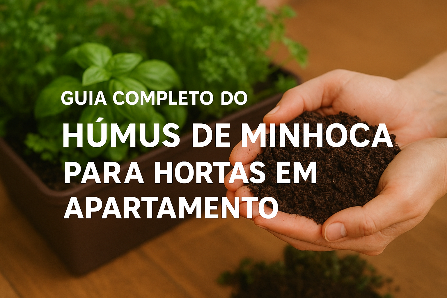 Mãos segurando húmus de minhoca sobre horta de apartamento com ervas verdes — guia completo sobre como usar húmus em hortas domésticas.