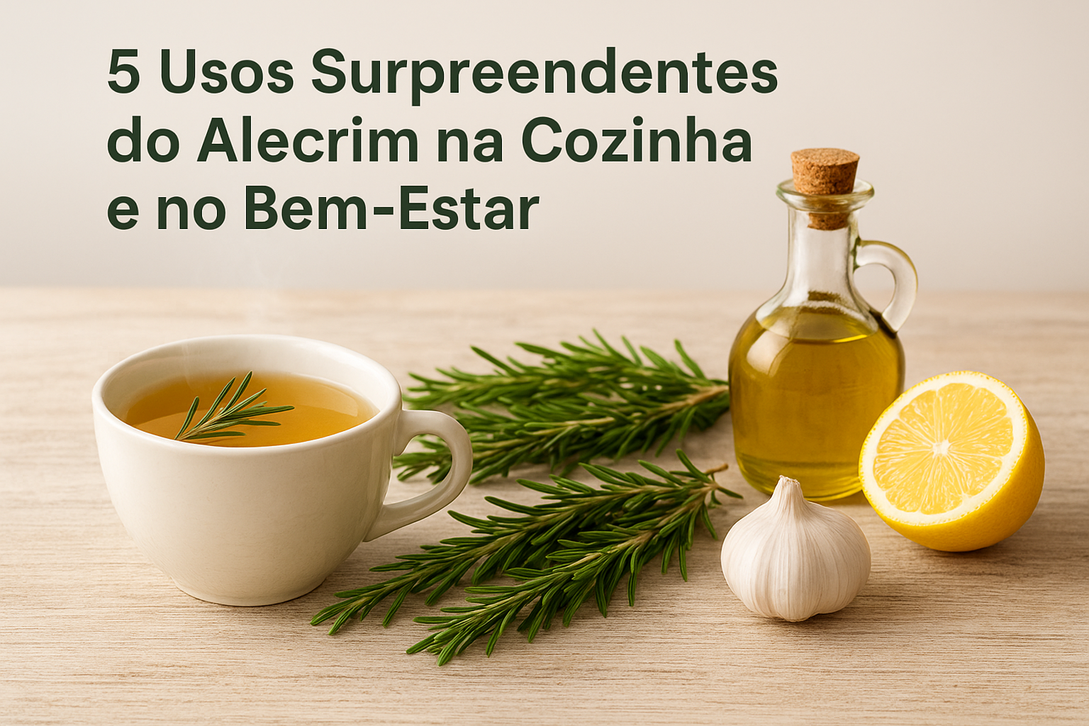 Ramos frescos de alecrim, chá e ingredientes naturais ilustrando os Usos Surpreendentes do Alecrim na Cozinha e no Bem-Estar.