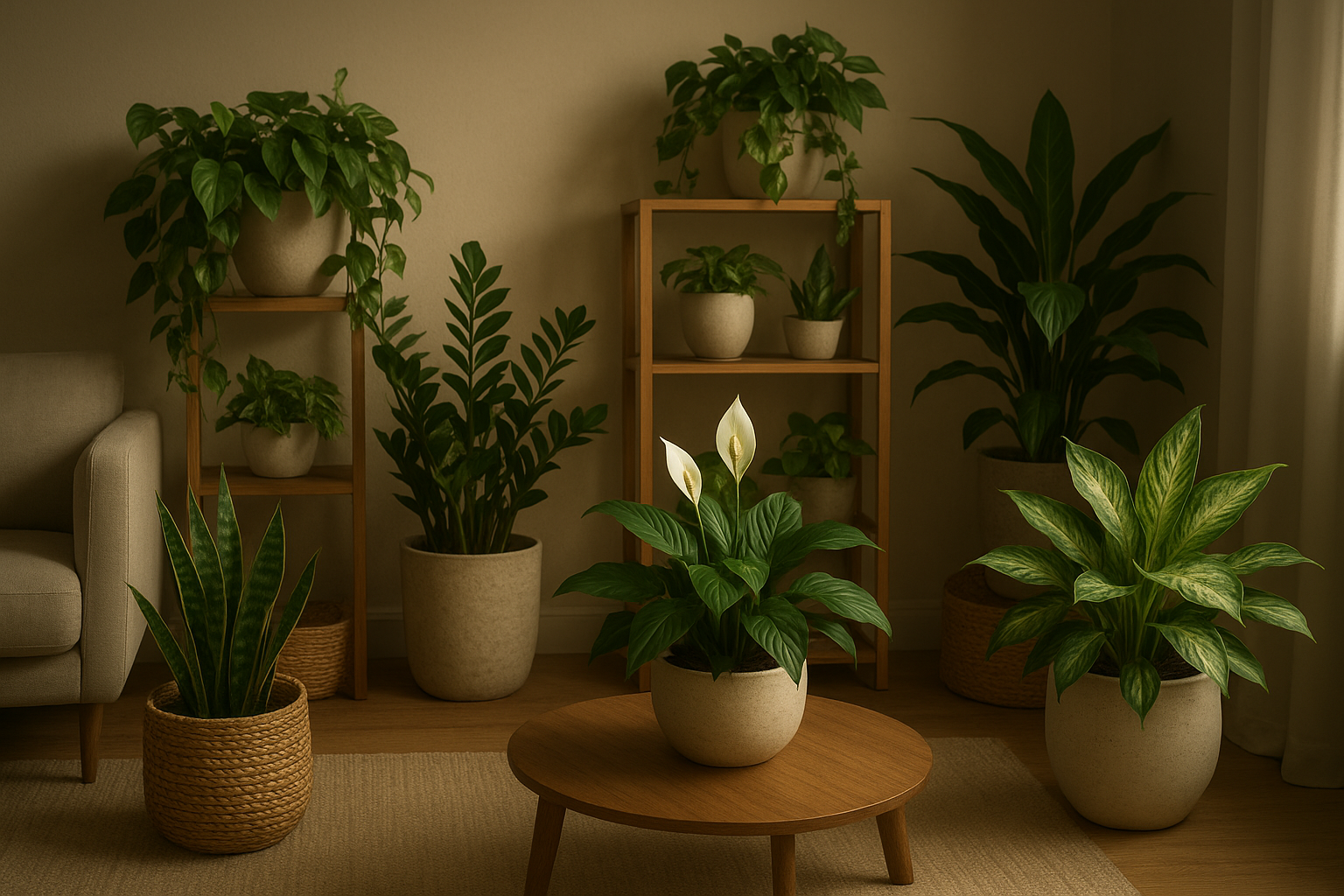 Ambiente interno com várias Plantas Que Precisam de Pouca Luz para Crescer em Ambientes Internos, como Zamioculca, Jiboia e Espada-de-São-Jorge.
