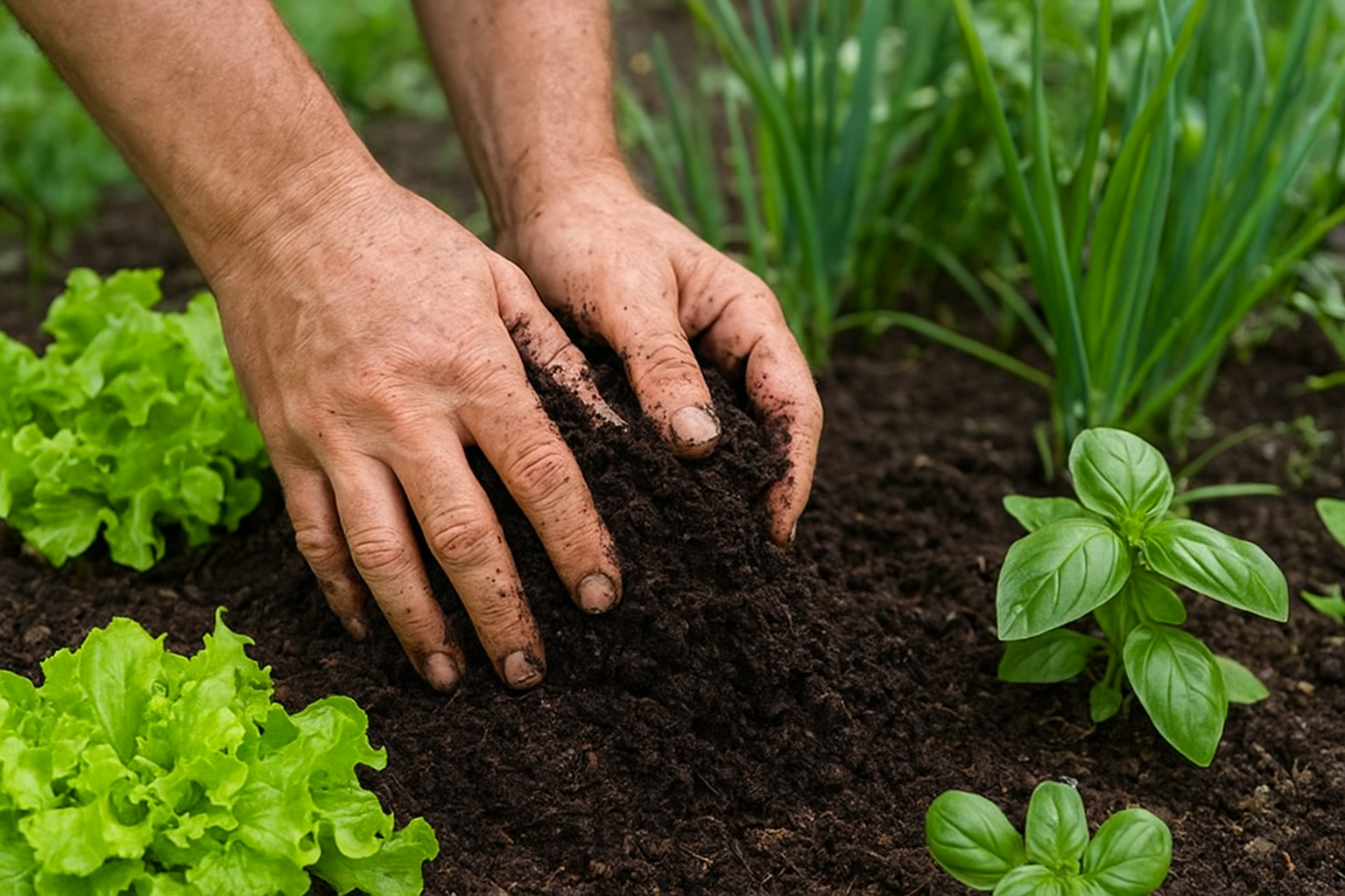 Mãos misturando adubo orgânico caseiro em uma horta verde com hortaliças, mostrando o processo de Como Fazer Adubo Caseiro para Hortas em Apartamento.