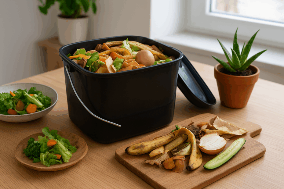 Composteira de apartamento com restos de alimentos orgânicos sobre bancada de cozinha, mostrando como fazer adubo orgânico em apartamento com restos de alimentos.