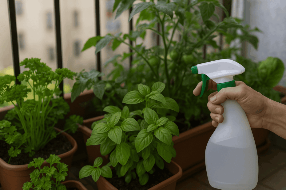 Pessoa aplicando solução natural nas plantas — Como Fazer Controle Natural de Pragas na Sua Horta em Apartamento.
