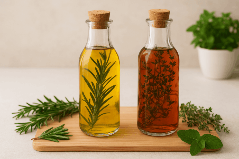 Garrafas de vidro com ervas frescas mostrando Como Fazer Vinagres e Azeites Aromatizados com Ervas da sua Horta em Apartamento