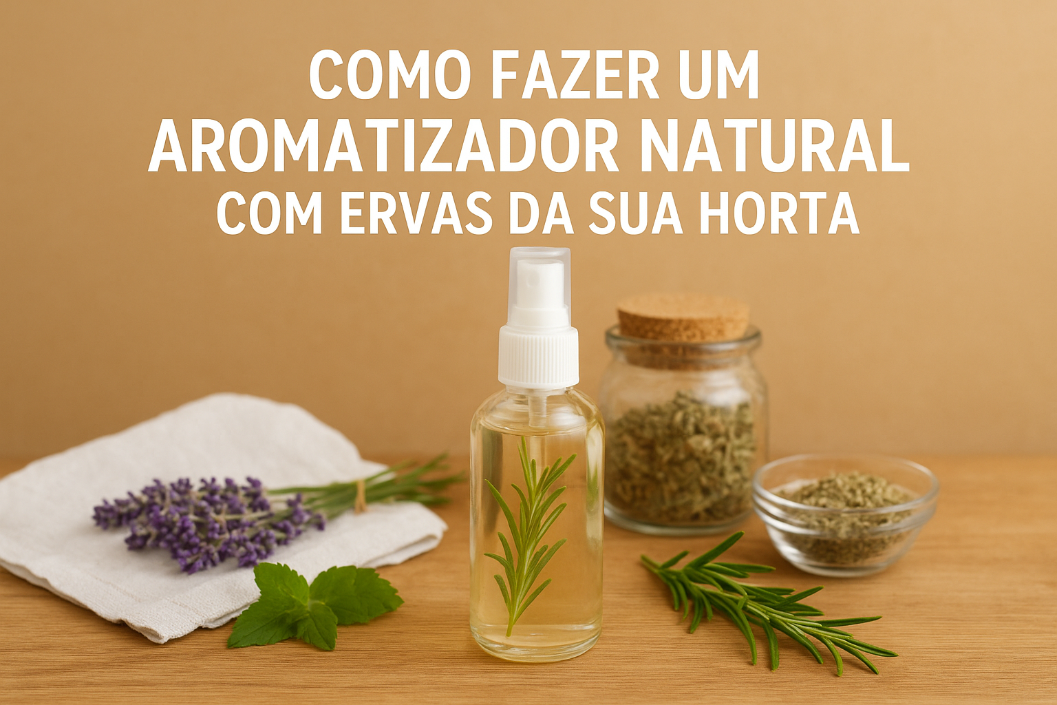 Frasco de aromatizador caseiro com ramo de alecrim dentro, lavanda e hortelã ao lado — Como Fazer um Aromatizador Natural com Ervas da Sua Horta.
