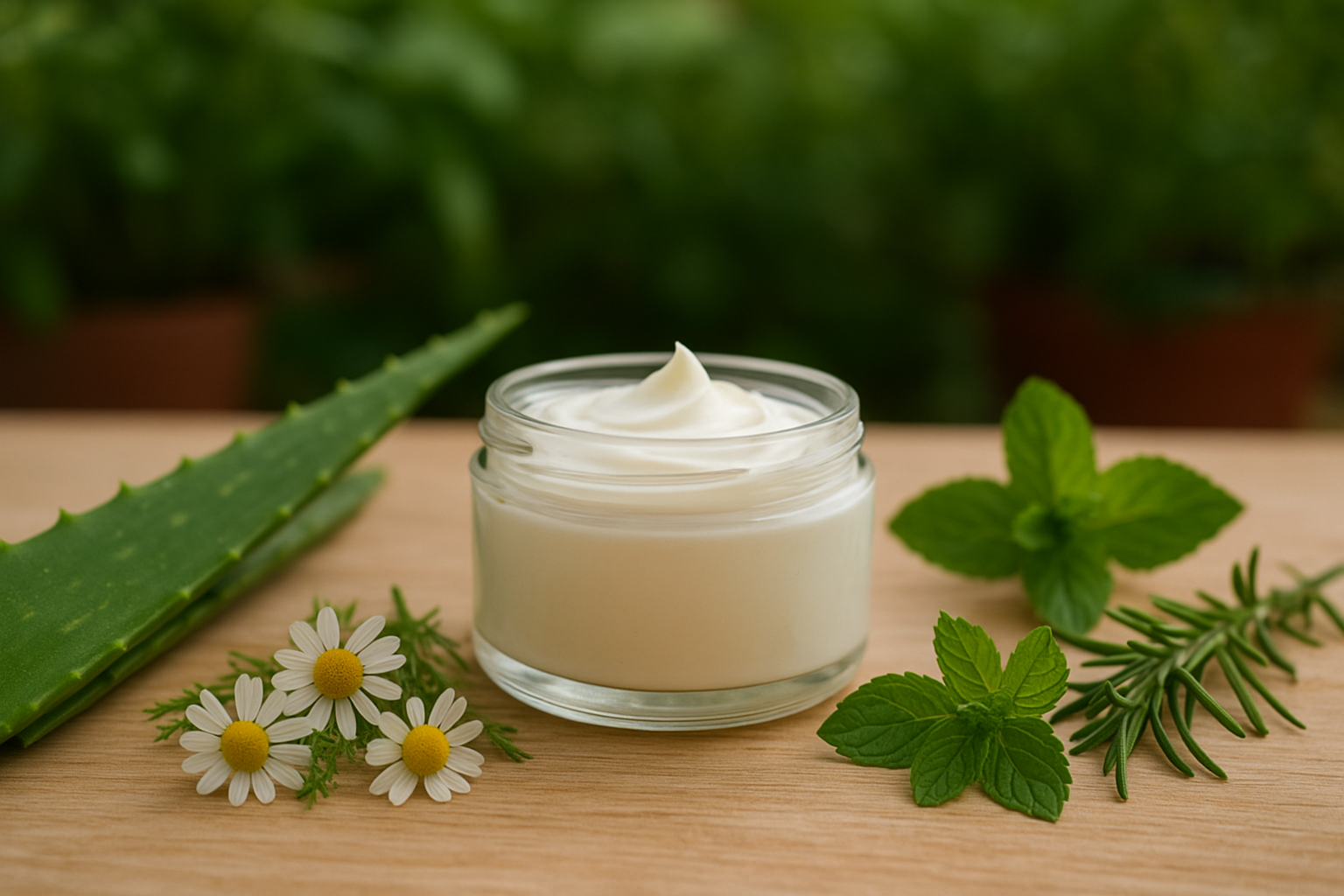 Pote de creme hidratante natural artesanal cercado por babosa, camomila, hortelã e alecrim sobre uma mesa de madeira clara, ilustrando o tema Como Fazer um Creme Hidratante Natural com Plantas da Sua Horta, com fundo verde desfocado e luz natural suave.