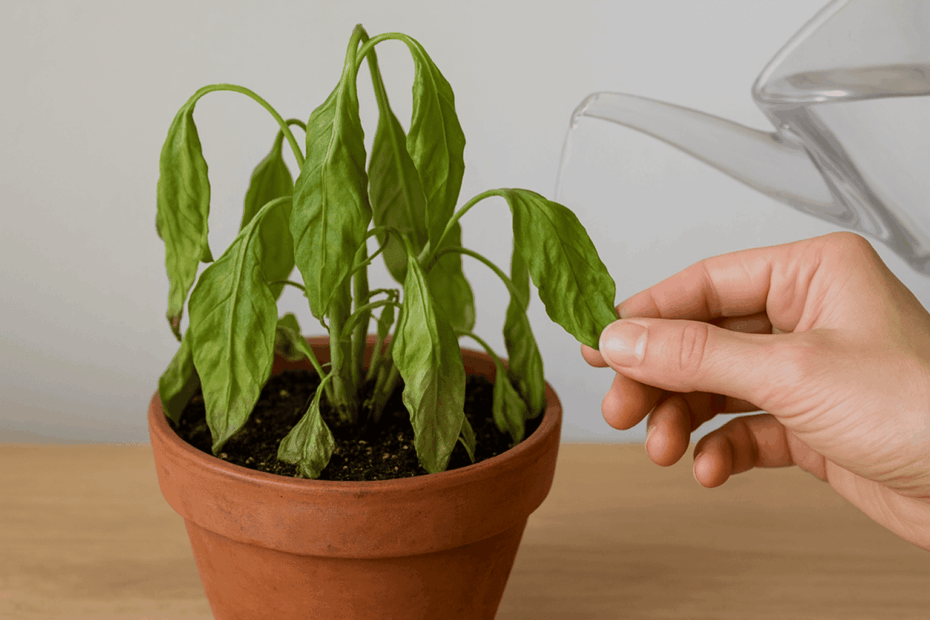 Planta sendo cuidada após murchar, representando o processo de Como Recuperar Plantas Murchas da Sua Horta em Apartamento.