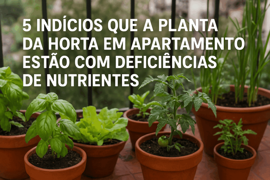 Planta da Horta em Apartamento estão com Deficiências de Nutrientes em vasos de ervas e legumes em uma varanda iluminada.
