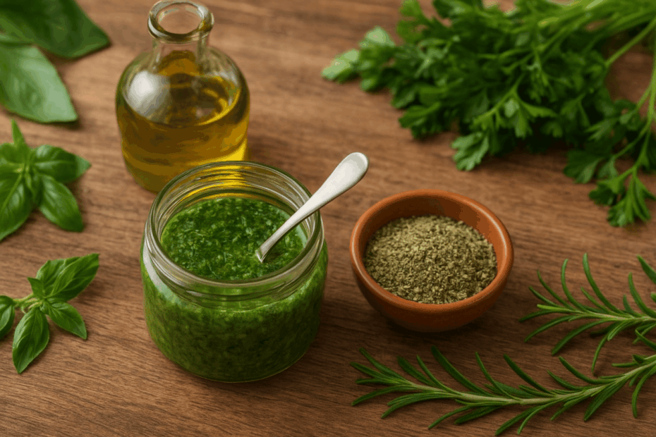 Molho verde caseiro e ervas frescas em mesa de madeira representando Receitas Caseiras de Temperos Naturais com Ervas da sua Horta em Apartamento.
