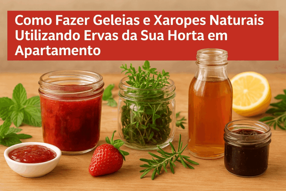 Imagem com potes de geleias e xaropes naturais feitos com ervas frescas, ilustrando o artigo Como Fazer Geleias e Xaropes Naturais Utilizando Ervas da Sua Horta em Apartamento.